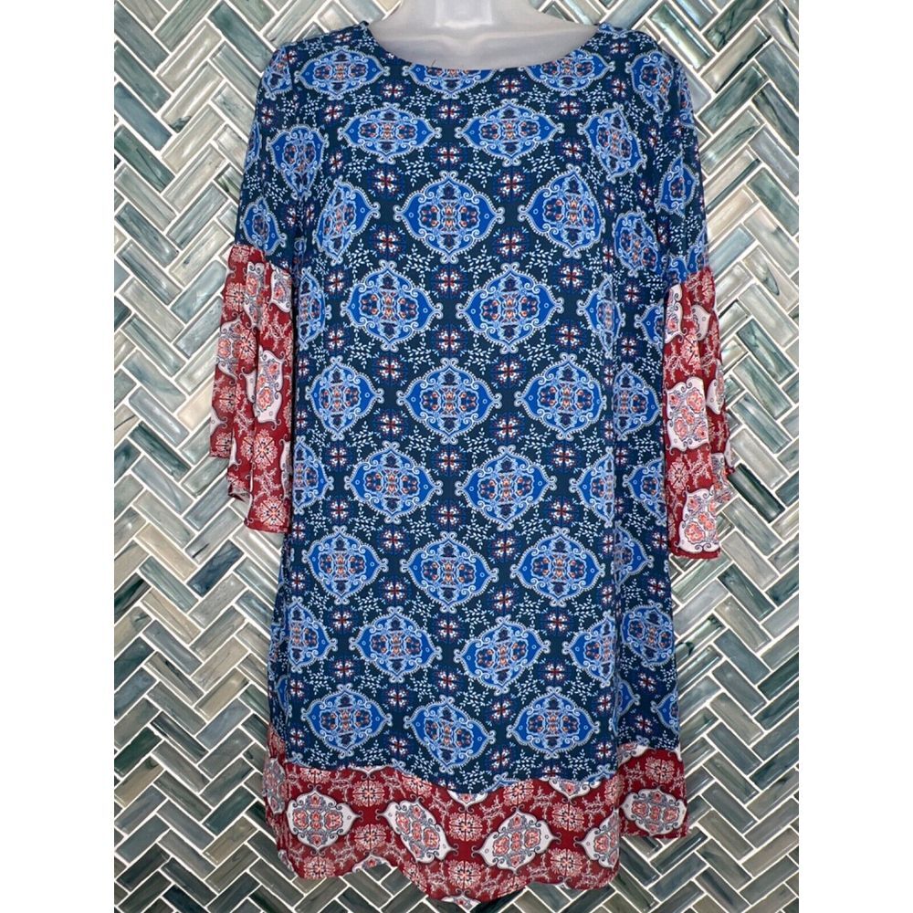 JEALOUS TOMATO RED BLUE MEDALLION BOHO FLUTTER SLEEVE SHEER LINED SHIFT DRESS MD